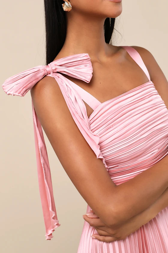Blush Pink Wide Strap Prom Dress With Shoulder Bow Detail Pleated Satin Bodice And A Line Formal Prom Dress