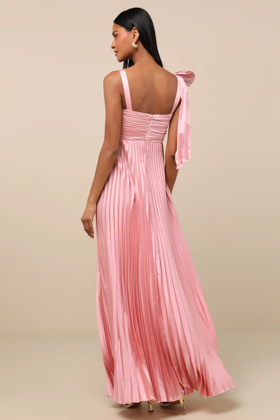 Blush Pink Wide Strap Prom Dress With Shoulder Bow Detail Pleated Satin Bodice And A Line Formal Prom Dress