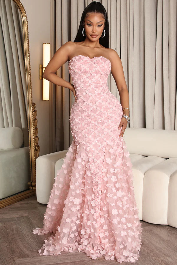 Blush Strapless Prom Dress With 3D Floral Lace And Mermaid Silhouette Formal Prom Dress