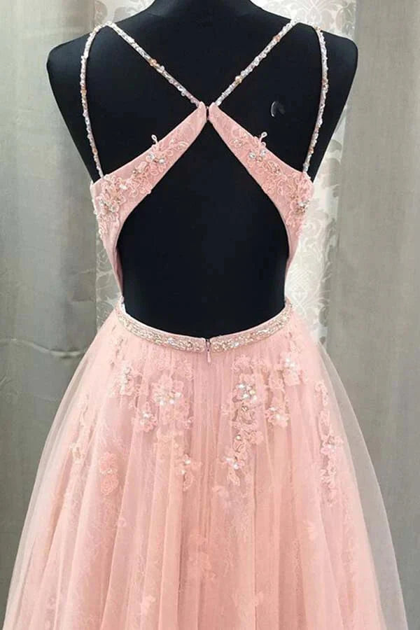 A-line Tulle Spaghetti Straps Prom Dresses With Lace Appliques