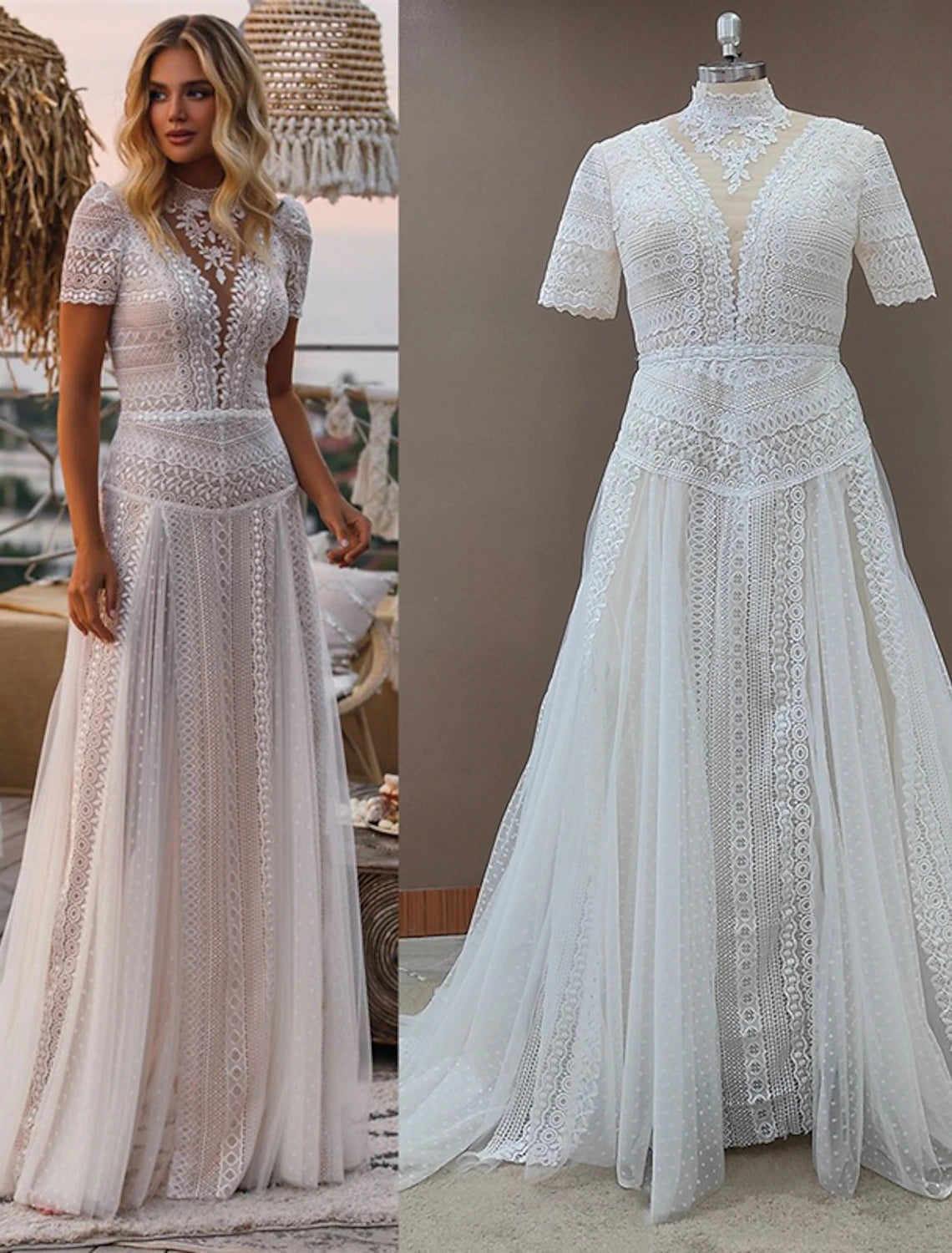 Model wearing an elegant bohemian wedding dress with a flowing court train.
