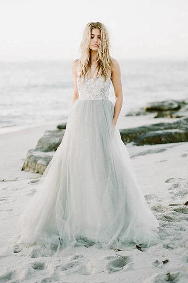 A-Line Bohemian Sweetheart Strapless Tulle Wedding Gown.