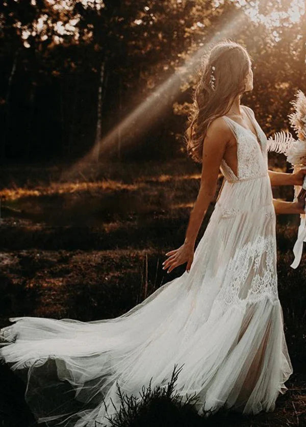 Full length view of the romantic Bohemian wedding dress.