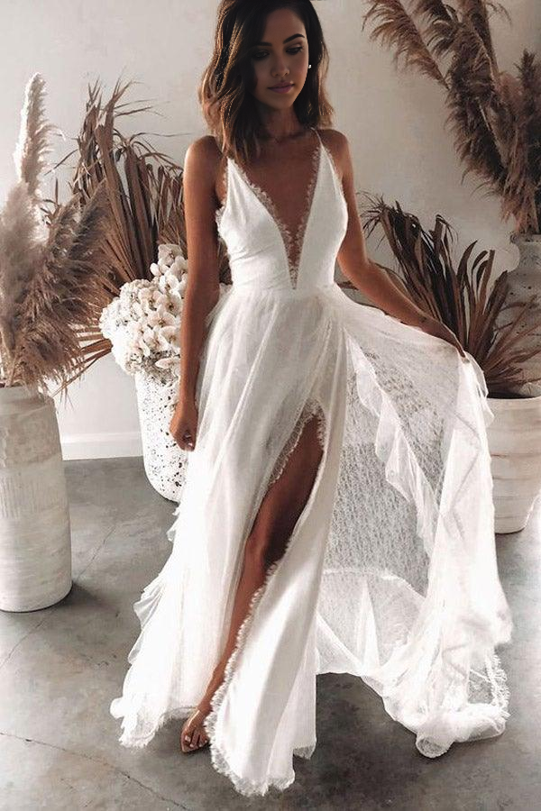 Back view of the flowing Bohemian A-Line wedding dress.