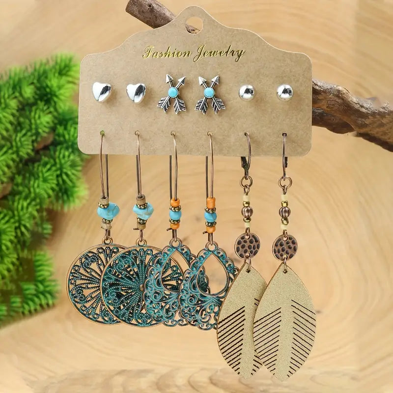 Variety of turquoise inlaid bohemian earrings.