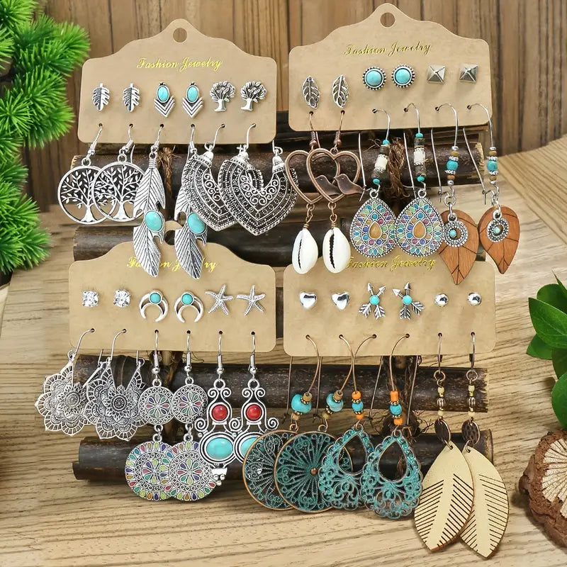 Group of bohemian earrings, including hoops and dangles.