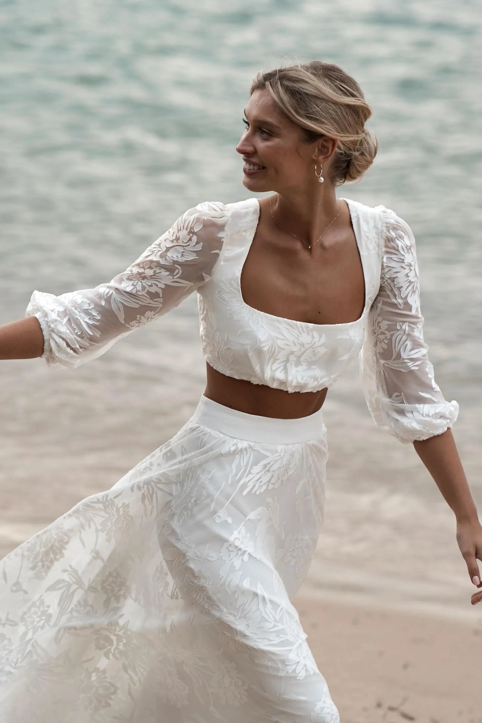 Bohemian Two-Piece Square Neck Puff Sleeve Floral Ivory Floor-Length Wedding Dress