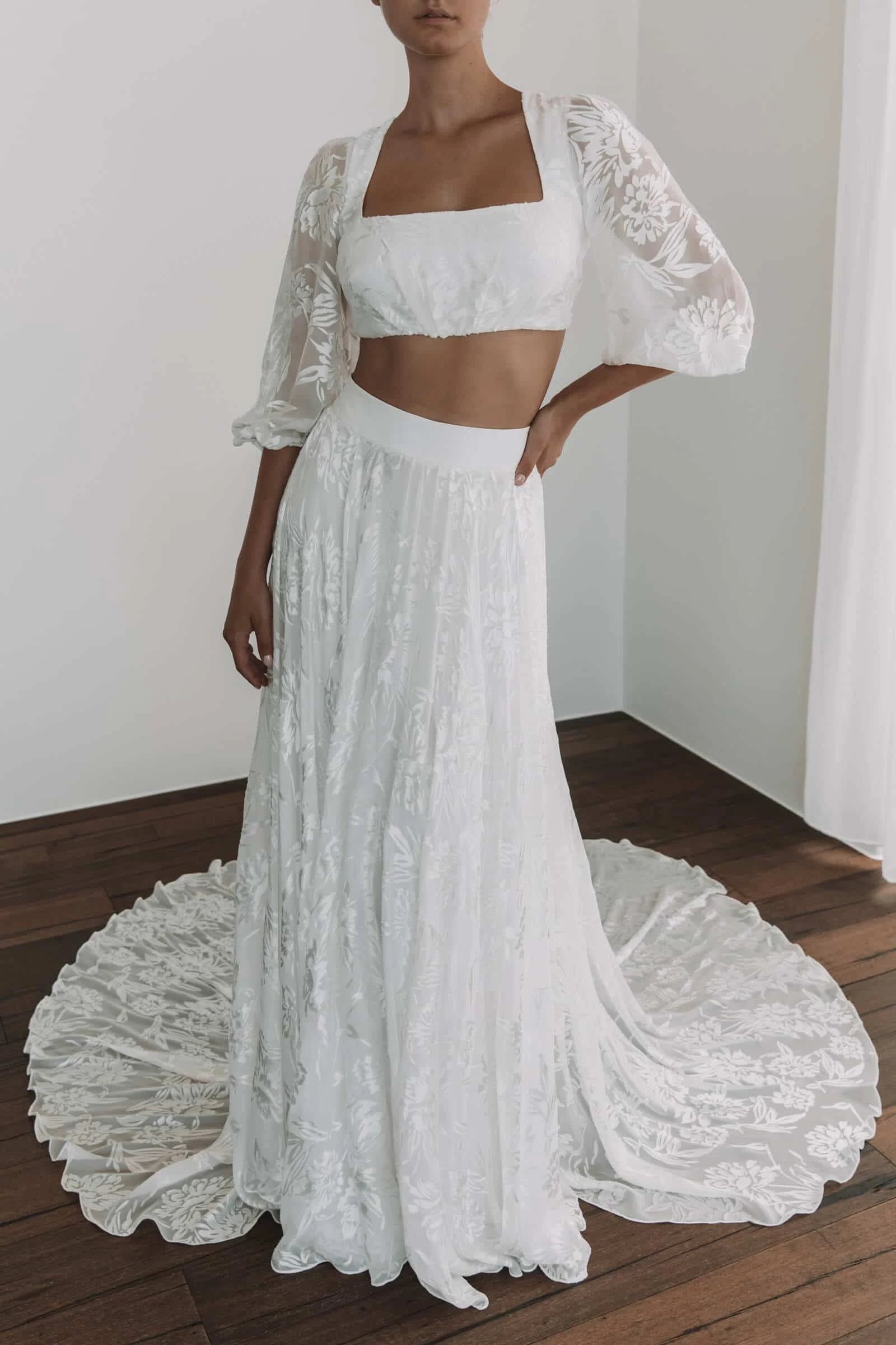 Bohemian Two-Piece Square Neck Puff Sleeve Floral Ivory Floor-Length Wedding Dress