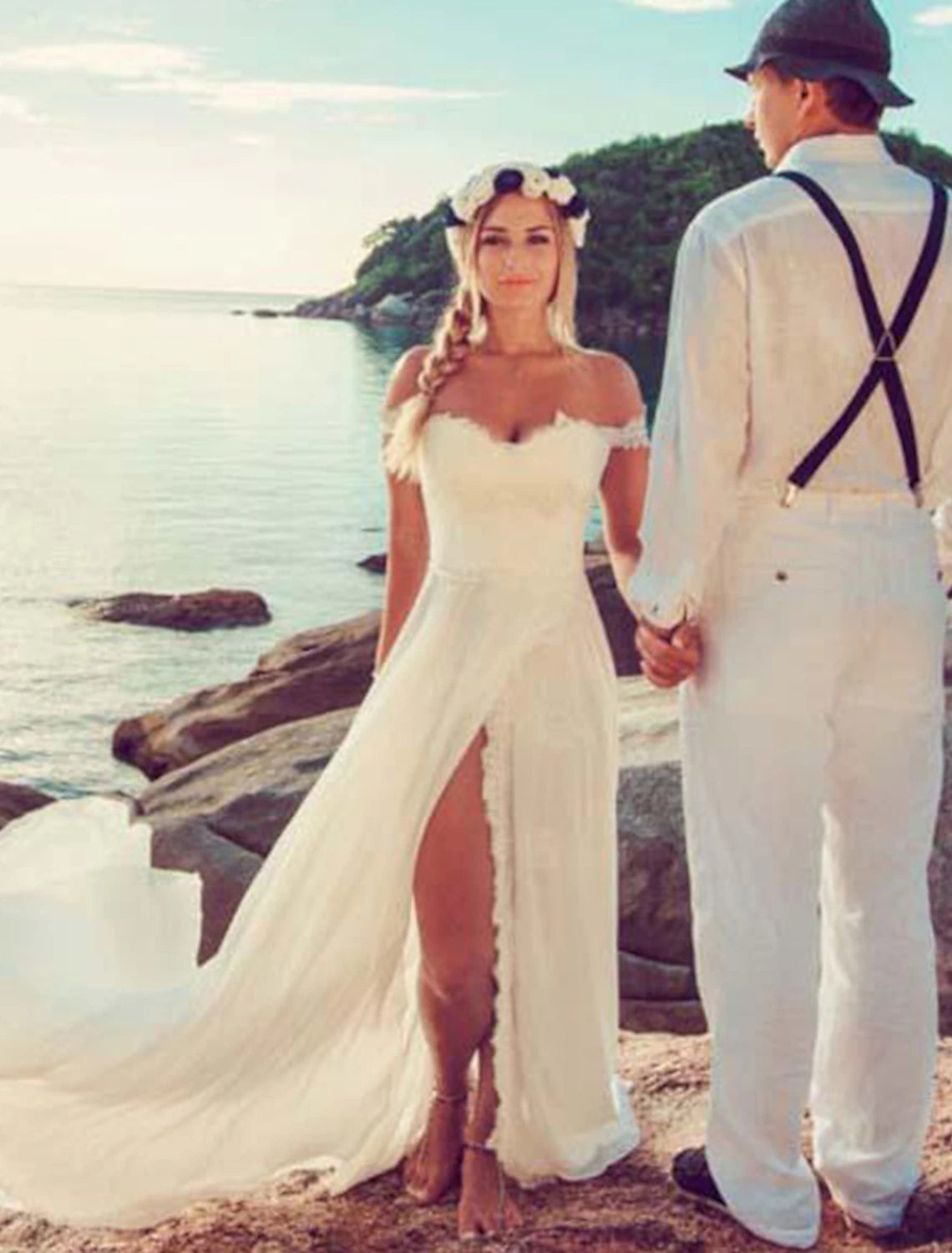 Boho A-line off-shoulder cap sleeve wedding dress with split front and court train.