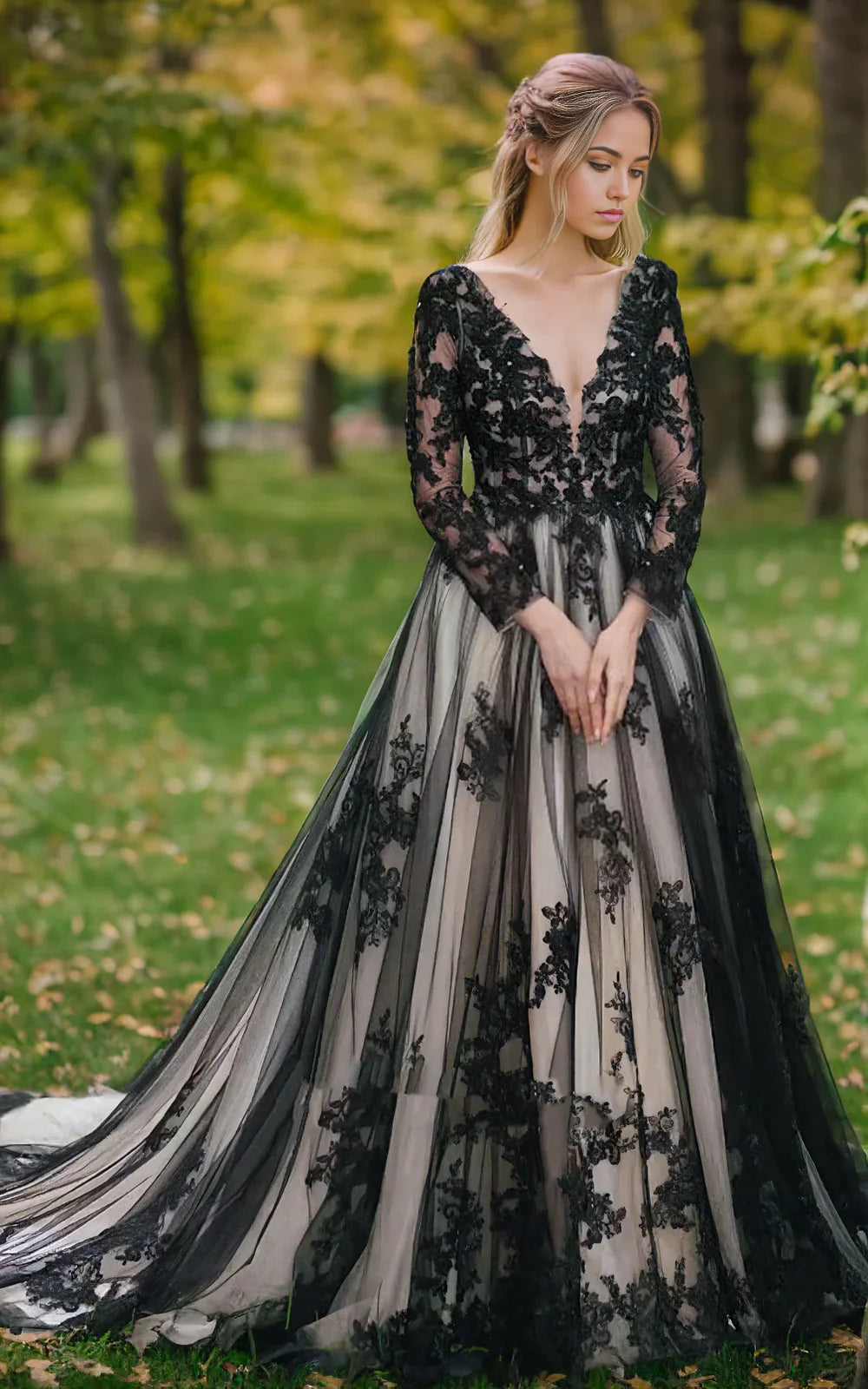 Boho A-line V-neck lace wedding dress with sleeves and court train.