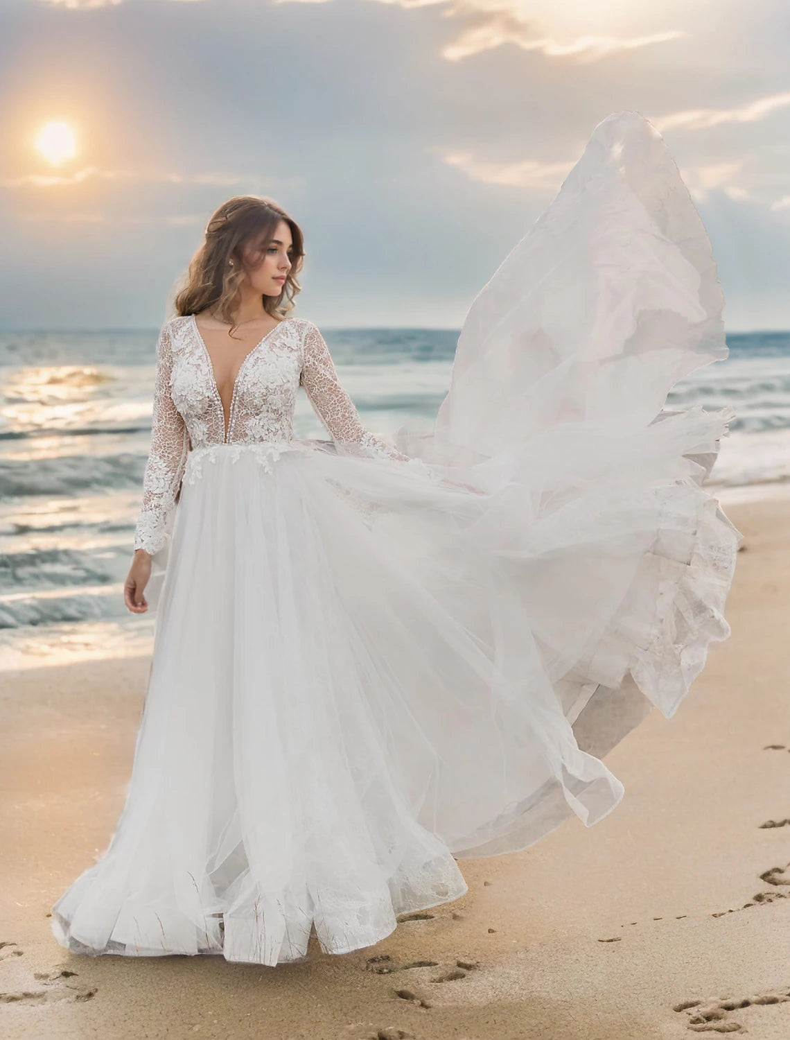 Full view of a boho A-line wedding dress with V-neck, long lace sleeves, and court train.