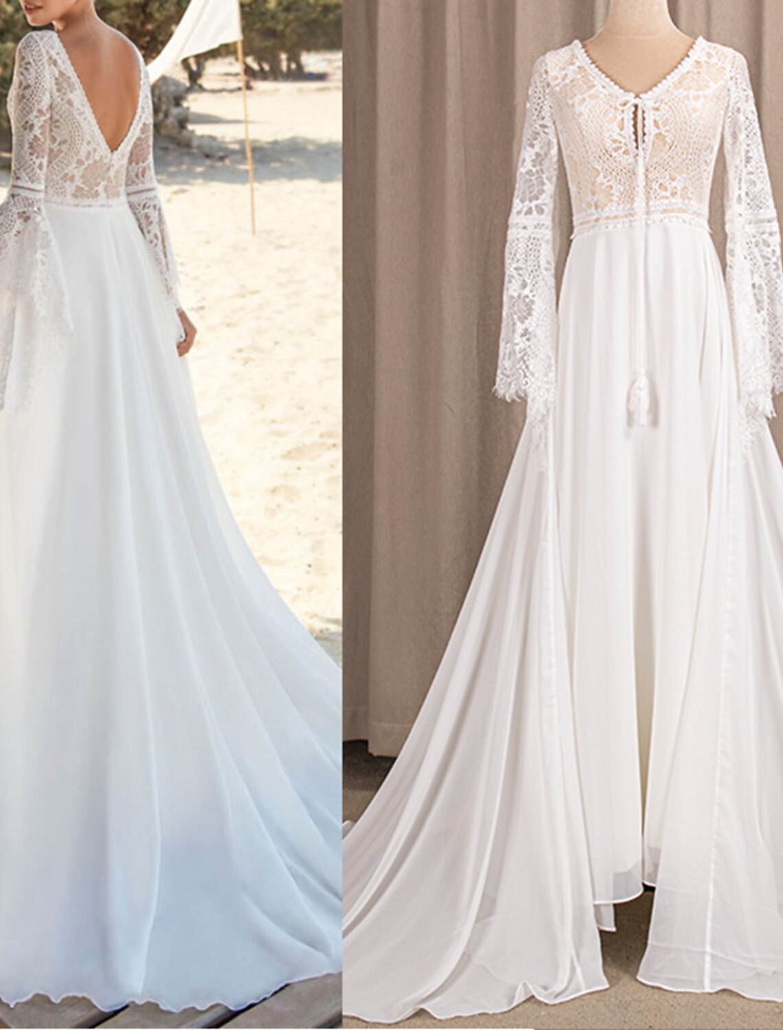 Boho A-line wedding dress with open back and sweep train.