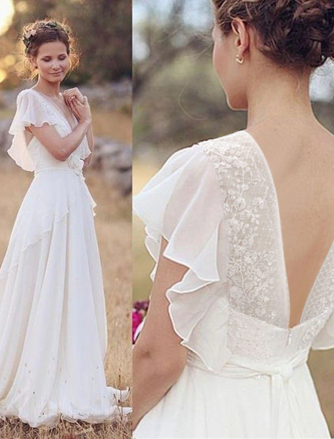 Boho A-line V-neck chiffon wedding dress with short sleeves and beading details.