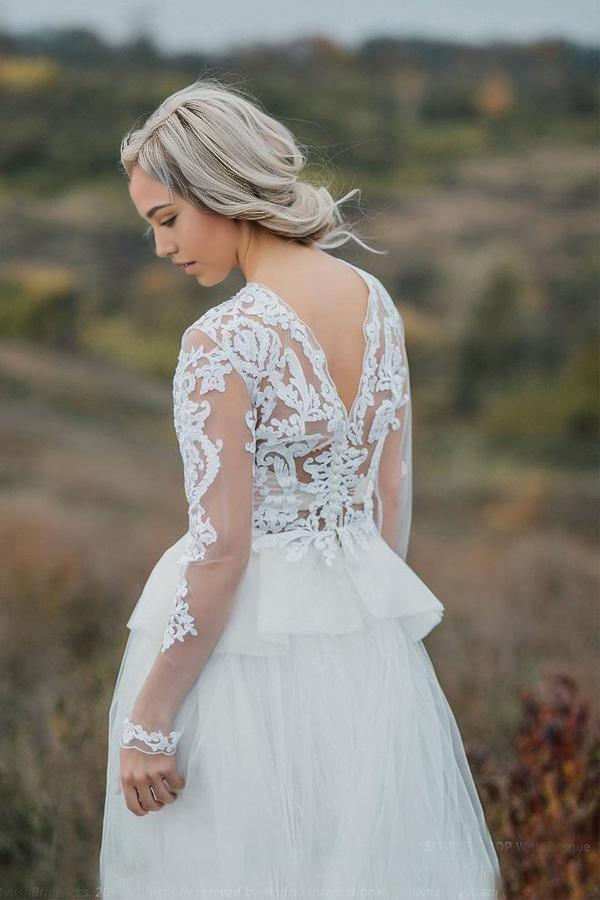 Close-up of the lace detail on the A-line bridal gown.