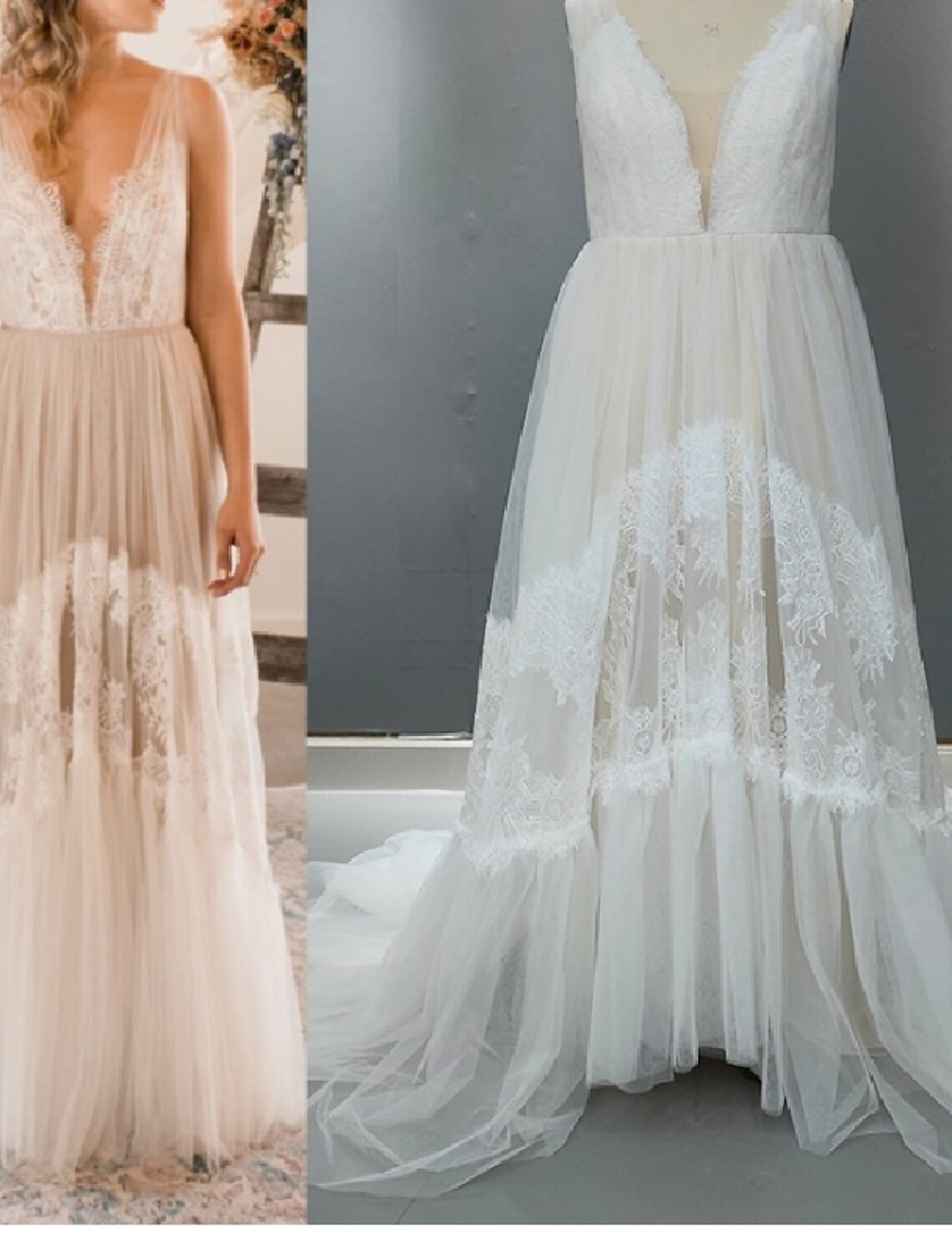 Model wearing a Boho Beach A-Line V-Neck lace wedding dress with a court train.