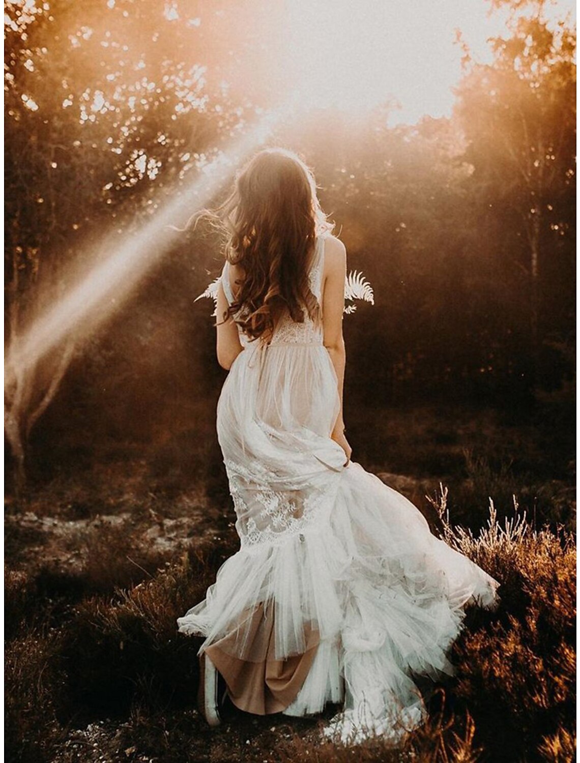 Back view of the Boho Beach A-Line wedding dress, showcasing the court train.