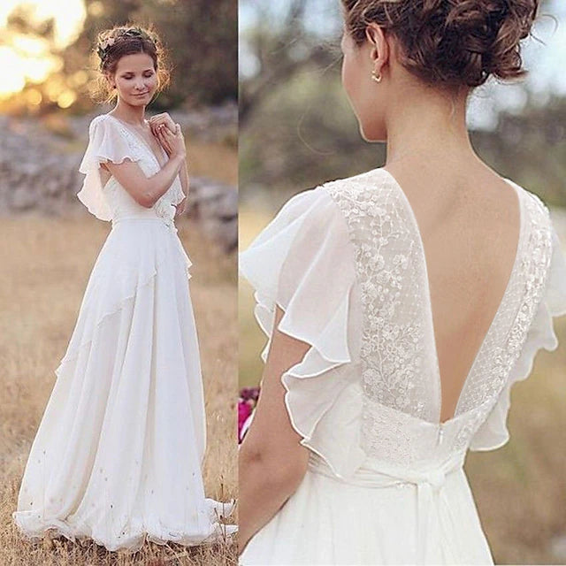 Boho A-line chiffon wedding dress with V-neck and short sleeves, featuring delicate beading and appliques.