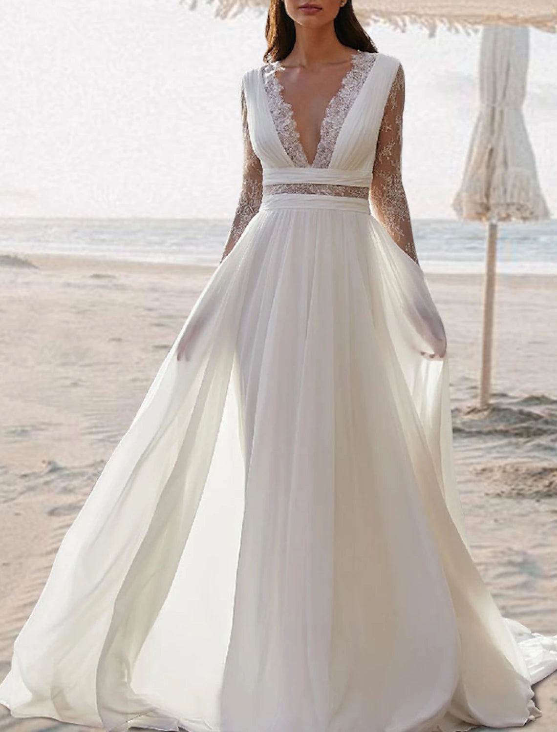 Back view of the Boho Beach A-Line wedding dress, highlighting the open back and pleated chiffon skirt.