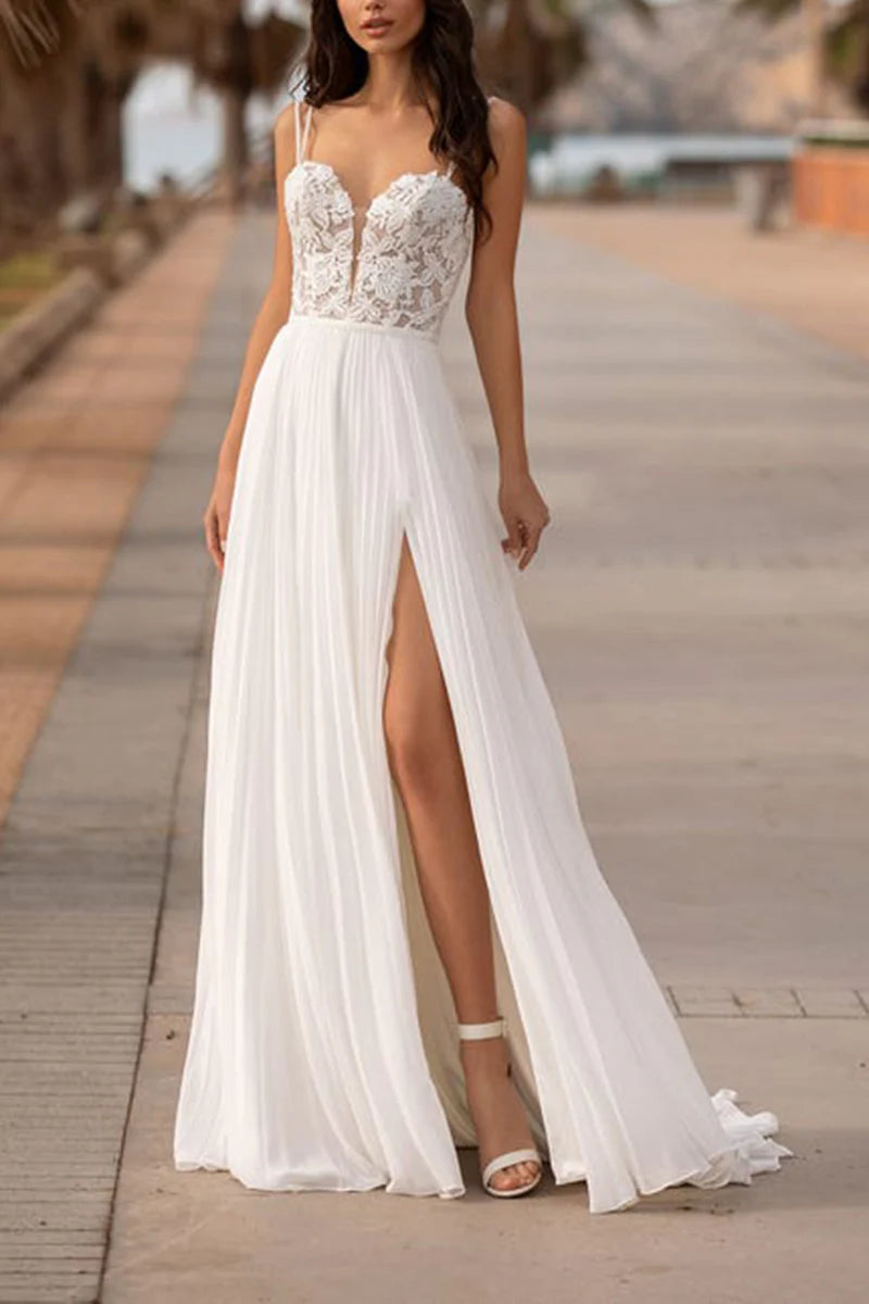 Boho A-line wedding dress with V-neck and lace appliques, featuring a side slit.