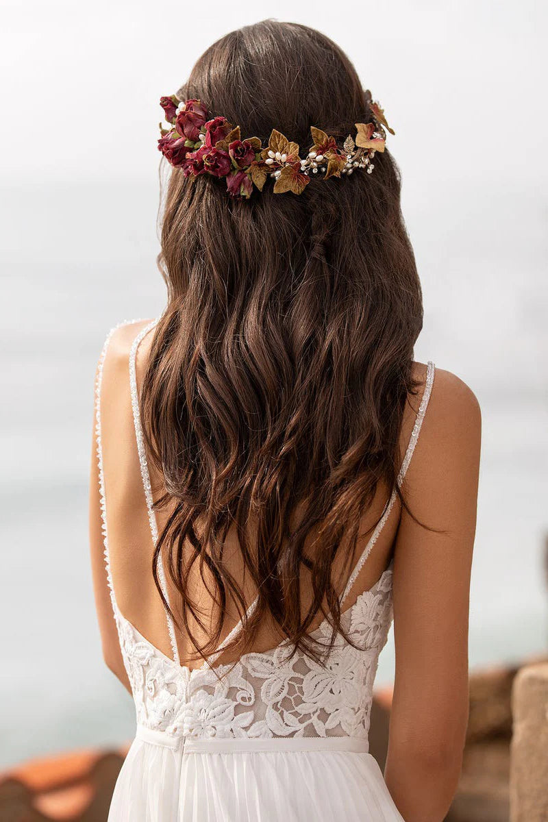 Full-length view of a bride wearing a V-neck A-line wedding dress with a side slit.