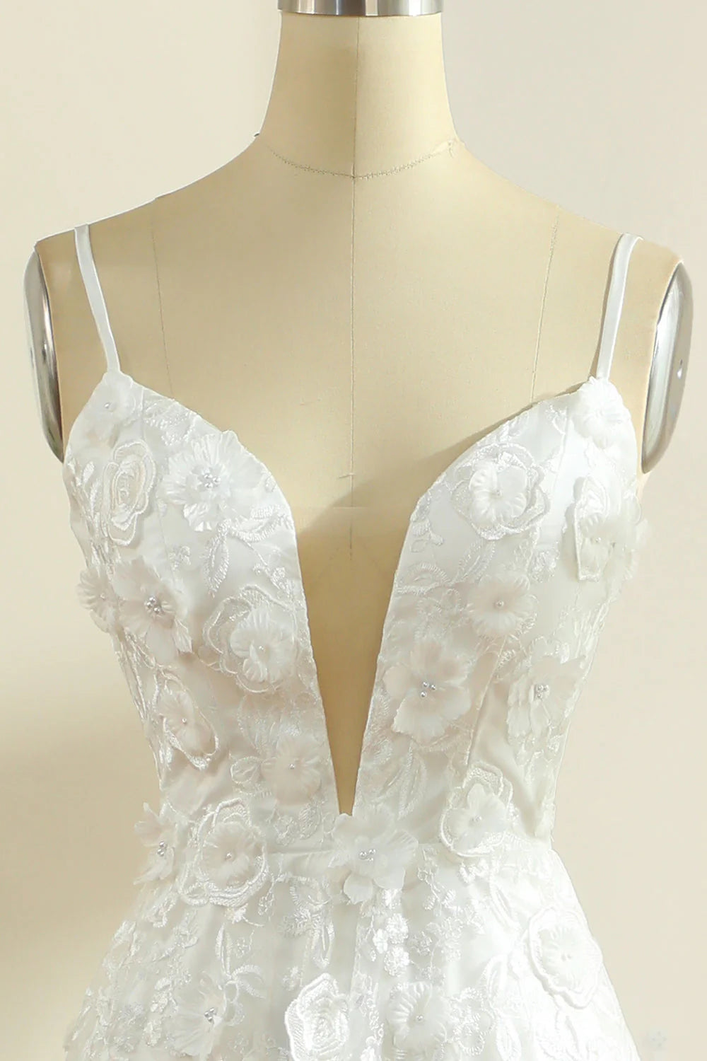 Full length view of the elegant white boho wedding dress.