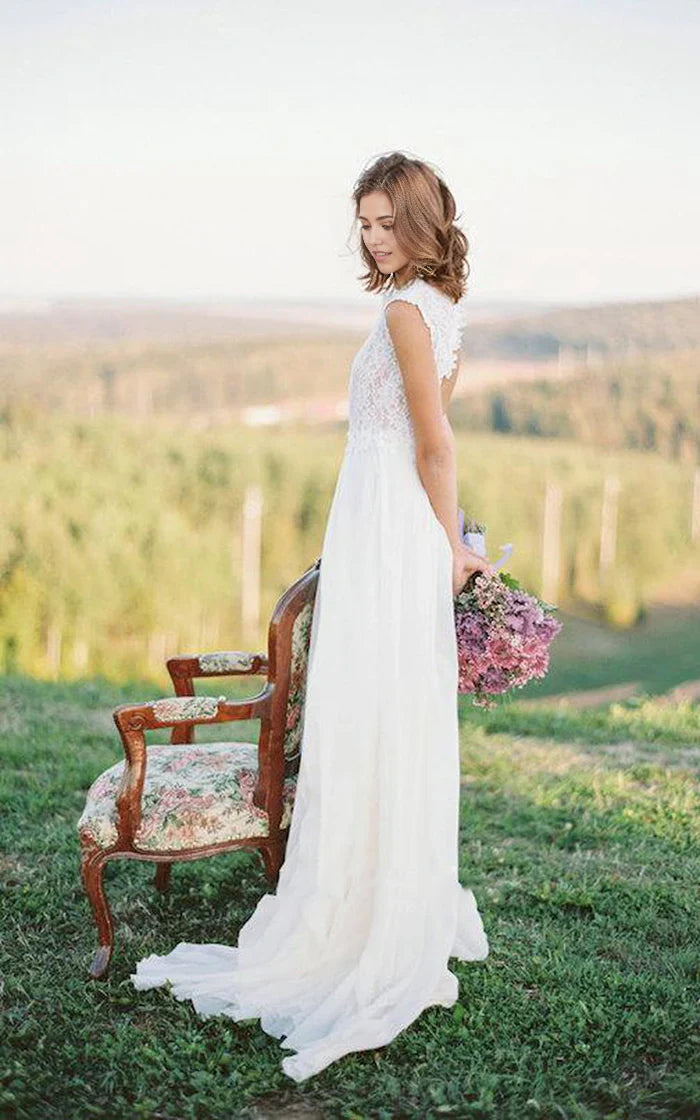 Side view of the floor-length Boho Lace A-Line Wedding Dress.