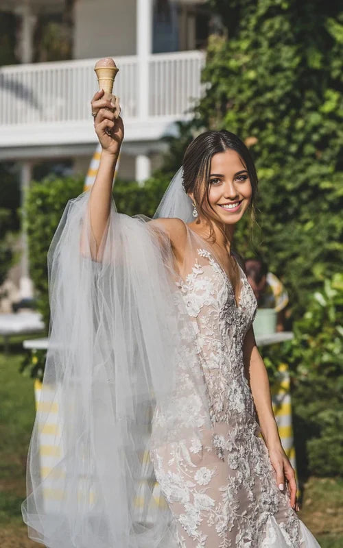 Back view of Boho Mermaid wedding dress with lace details.