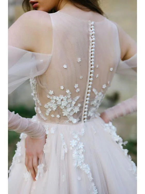Back view of the Boho Rustic V-Neck Long Sleeve Cold Shoulder Beach Wedding Dress.