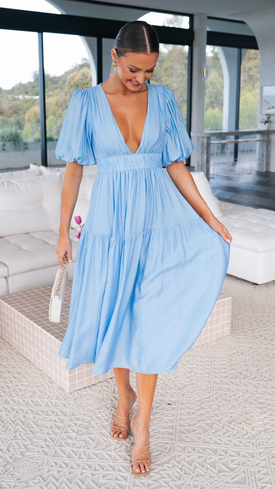Breezy Voluminous Puff Sleeve Deep V-Neck Smocked Waist Tiered Midi Prom Dress