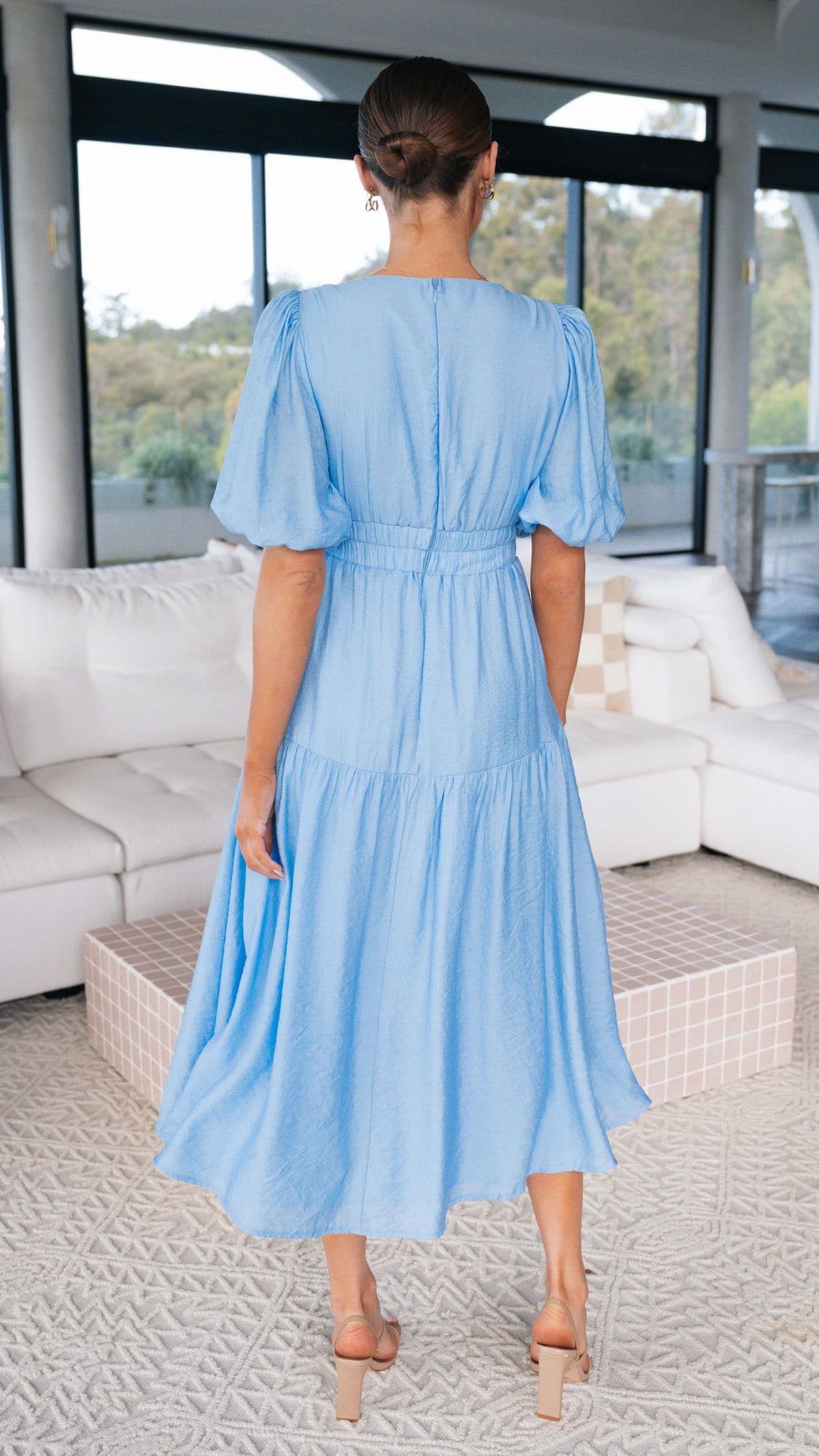 Breezy Voluminous Puff Sleeve Deep V-Neck Smocked Waist Tiered Midi Prom Dress