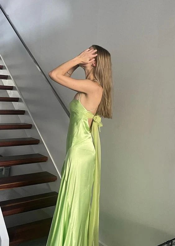 Bright Green Satin A Line Prom Dress Strapless Spaghetti Strap Open Back Bow Slit Floor Length Formal Evening Gown