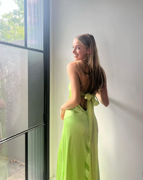 Bright Green Satin A Line Prom Dress Strapless Spaghetti Strap Open Back Bow Slit Floor Length Formal Evening Gown