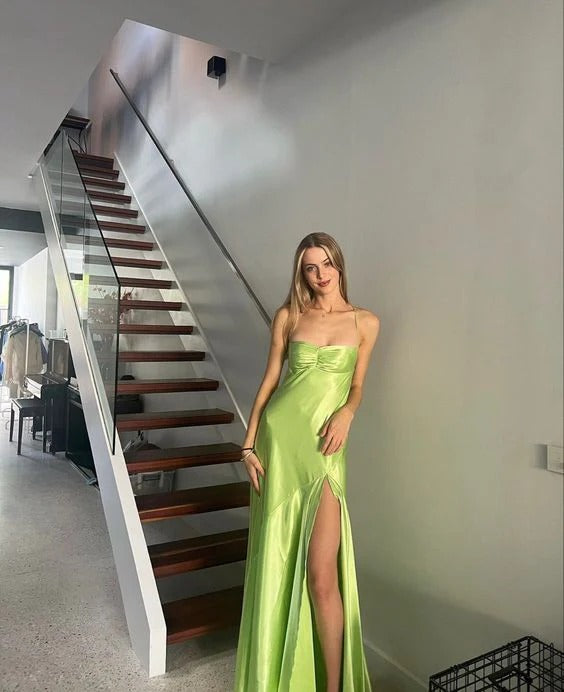 Bright Green Satin A Line Prom Dress Strapless Spaghetti Strap Open Back Bow Slit Floor Length Formal Evening Gown