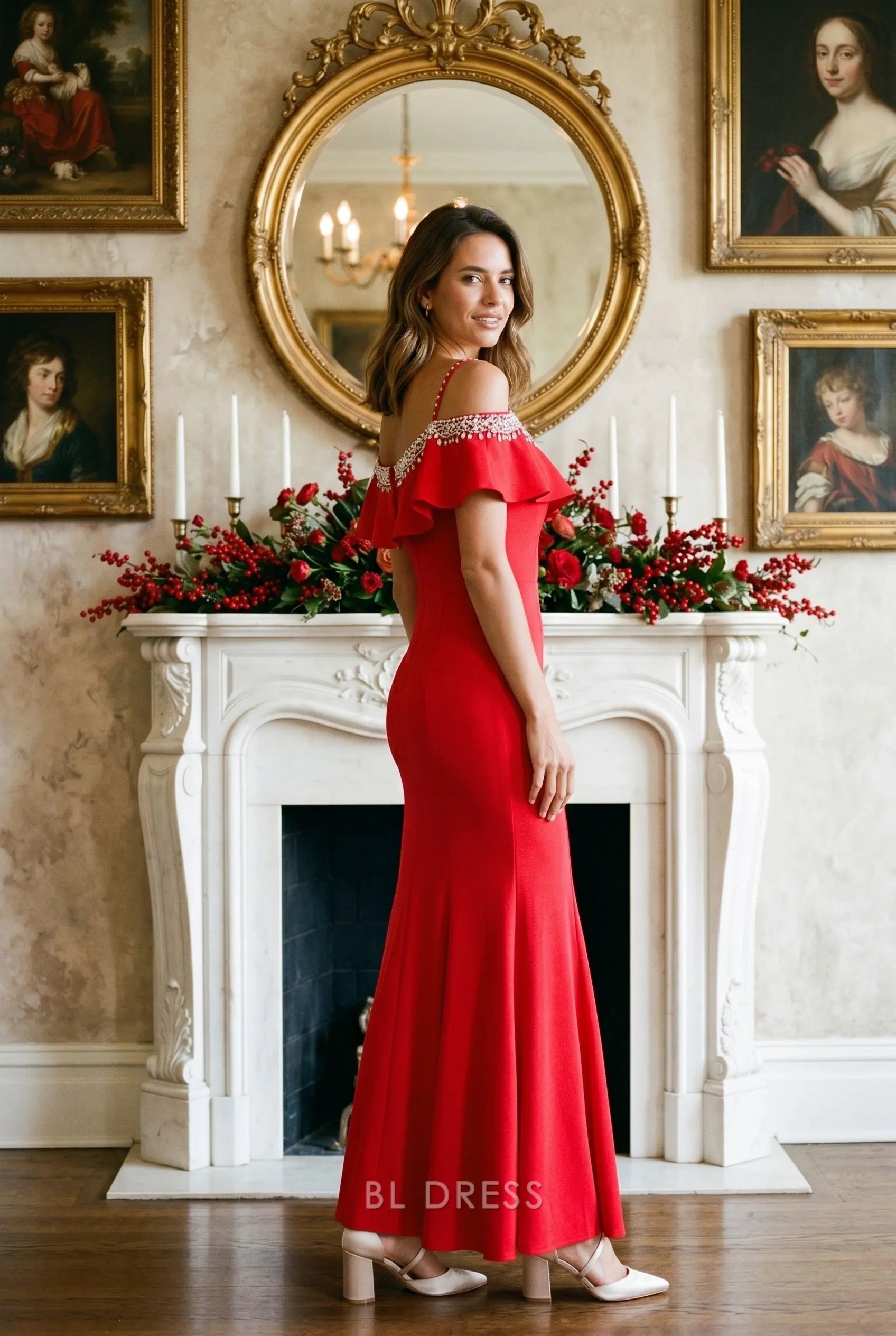 Bright Red Off Shoulder Ruffle Spaghetti Strap Rhinestone Trim Mermaid Maxi Prom Dress