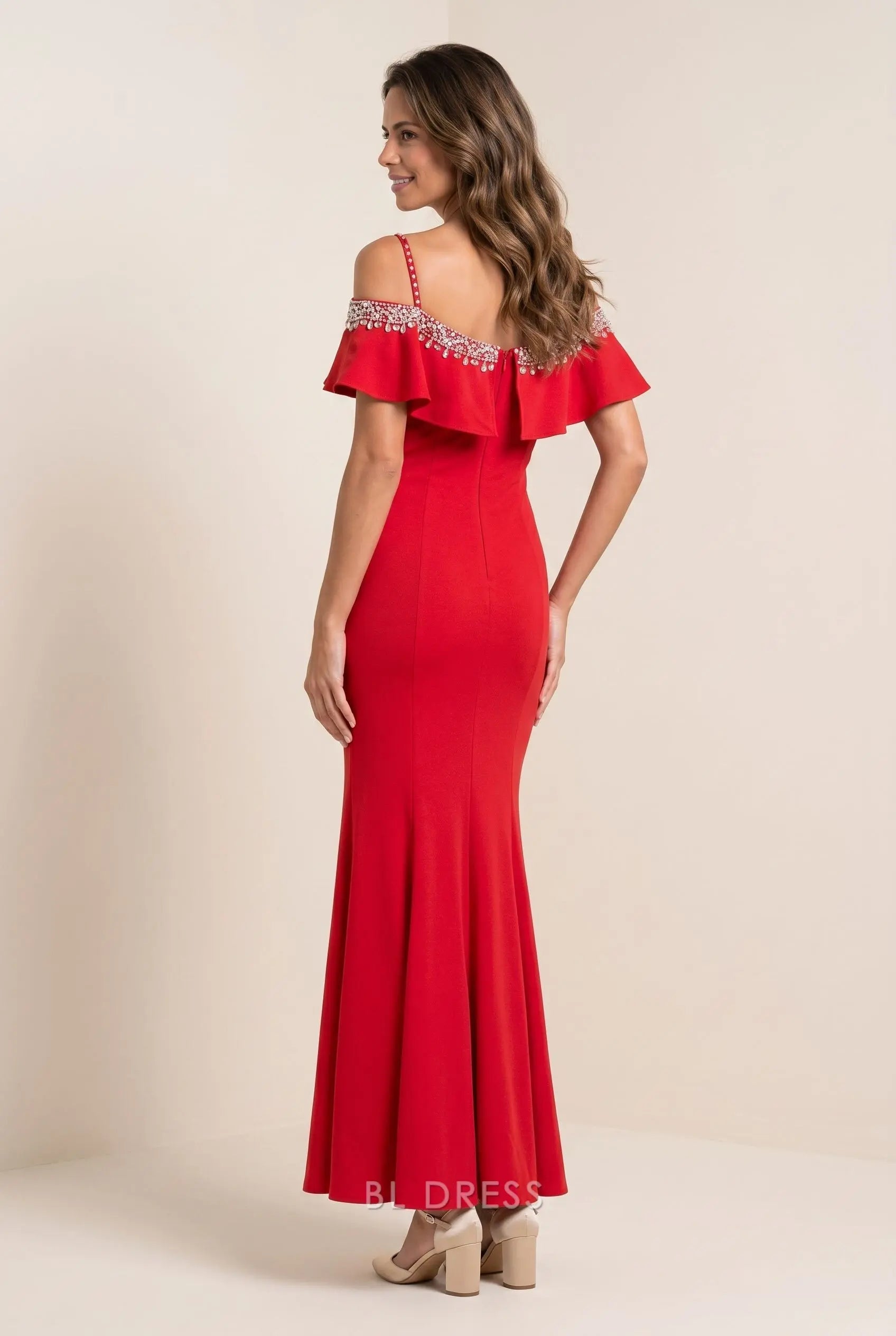 Bright Red Off Shoulder Ruffle Spaghetti Strap Rhinestone Trim Mermaid Maxi Prom Dress