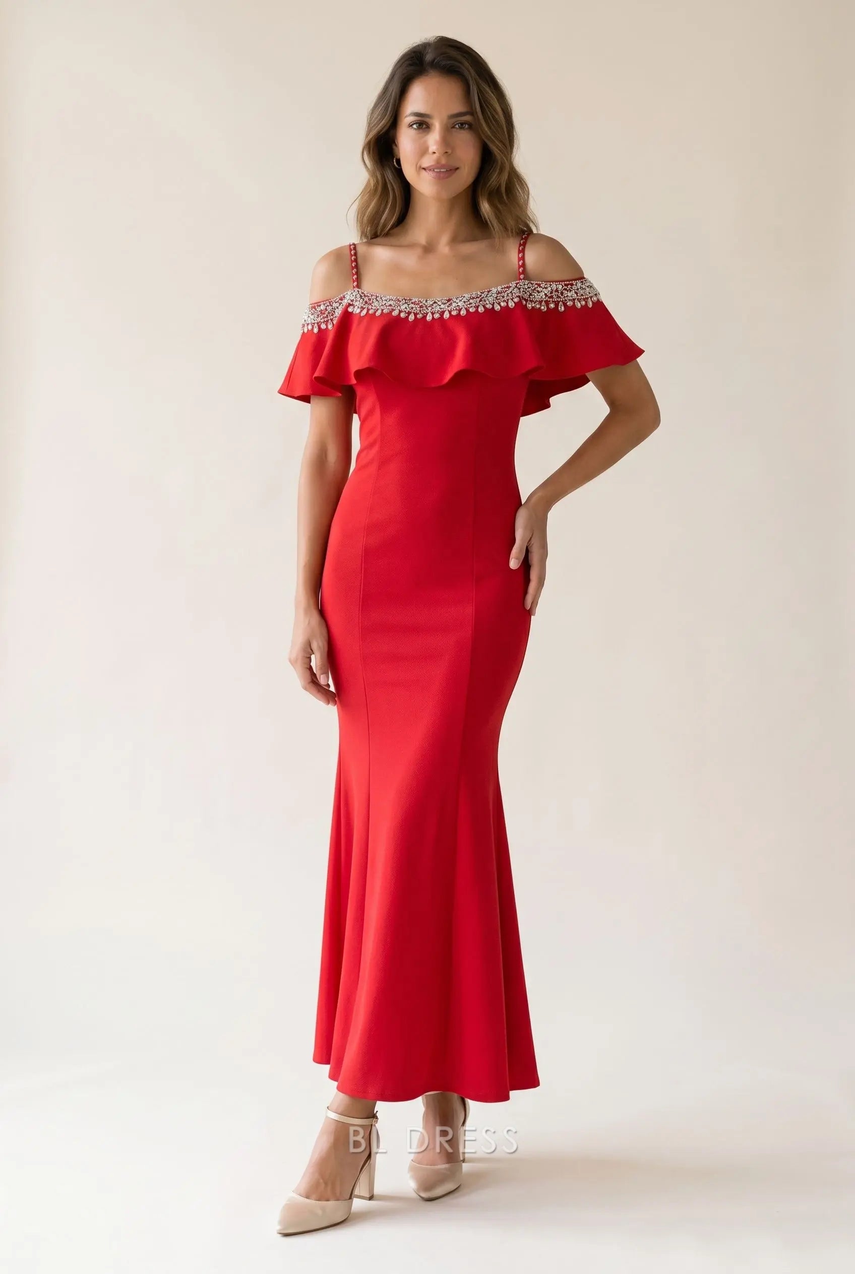 Bright Red Off Shoulder Ruffle Spaghetti Strap Rhinestone Trim Mermaid Maxi Prom Dress
