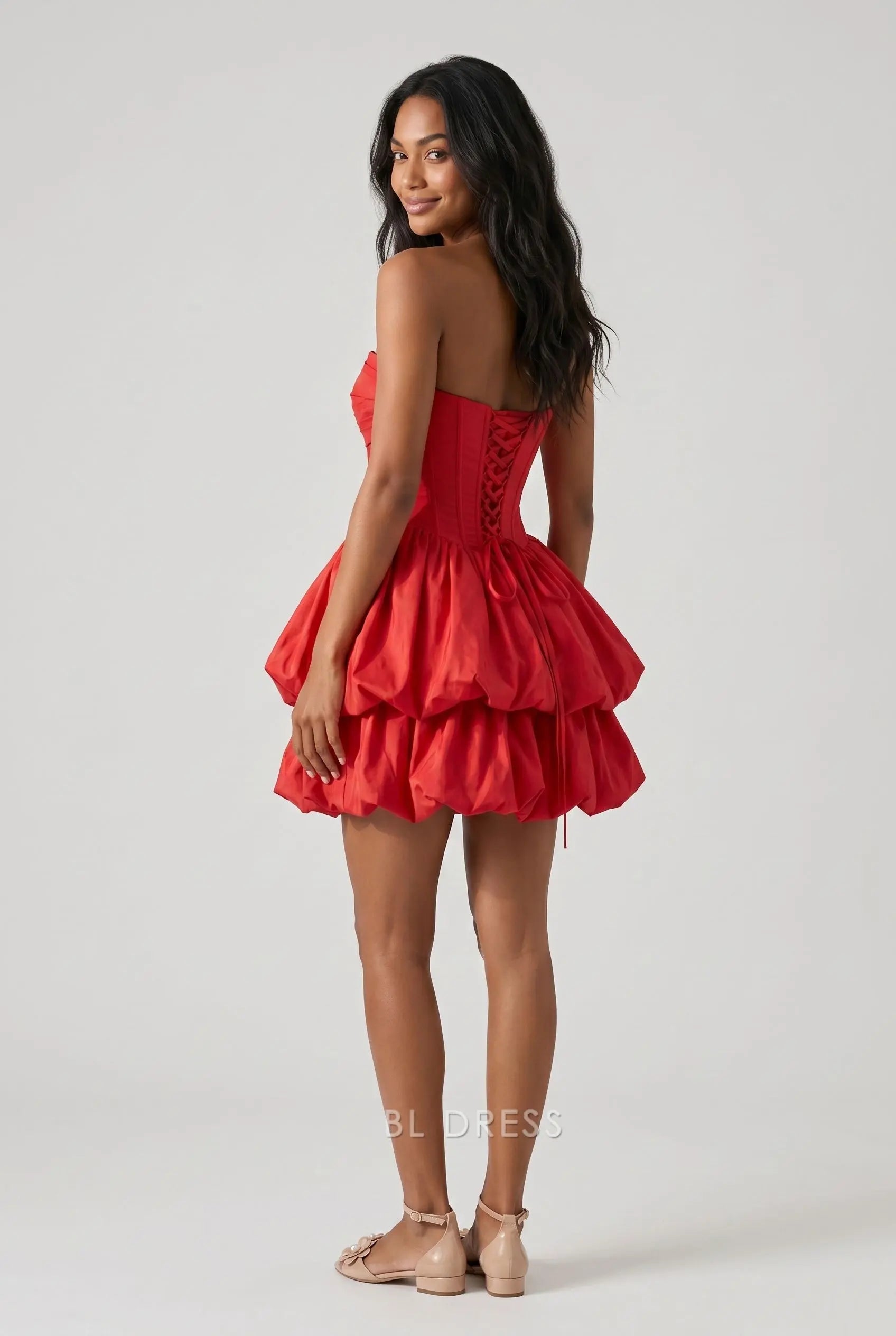 Bright Red Strapless Boned Corset Crisscross Lace-Up Back Double Layer Bubble Puff Mini Homecoming Dress