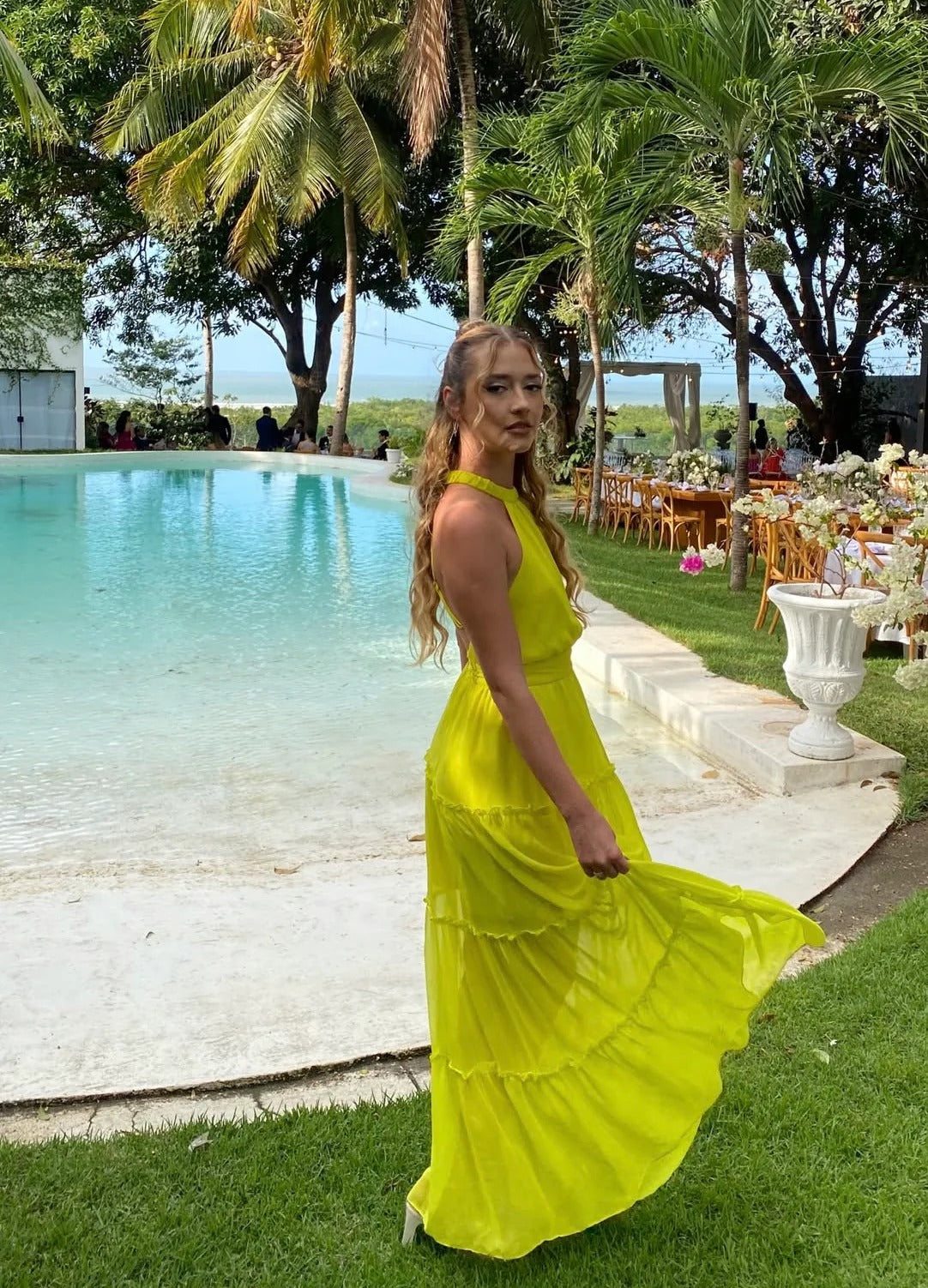Bright Yellow Halter Tiered Maxi Prom Dress Chiffon Formal Prom Dress