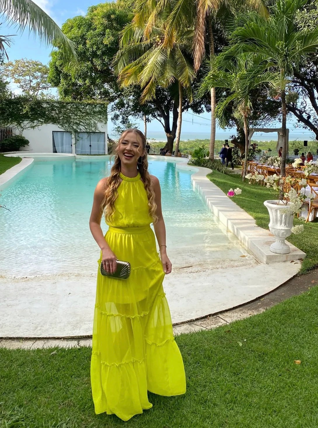 Bright Yellow Halter Tiered Maxi Prom Dress Chiffon Formal Prom Dress