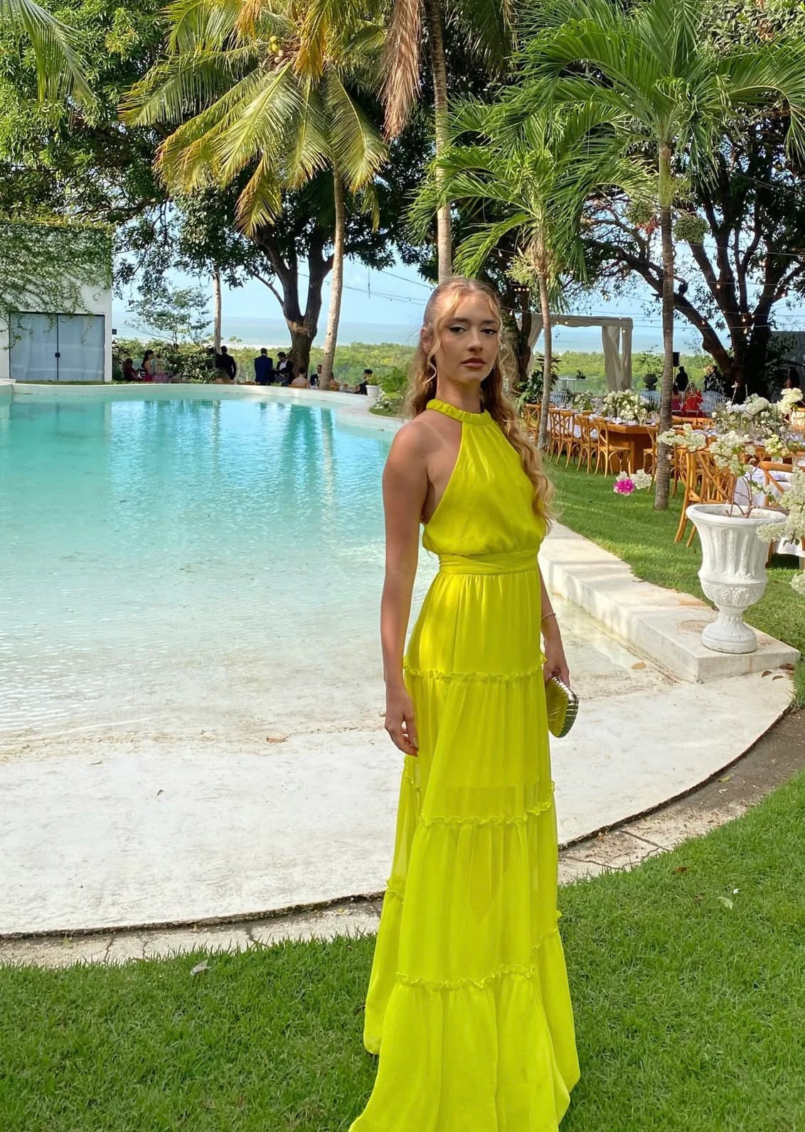 Bright Yellow Halter Tiered Maxi Prom Dress Chiffon Formal Prom Dress