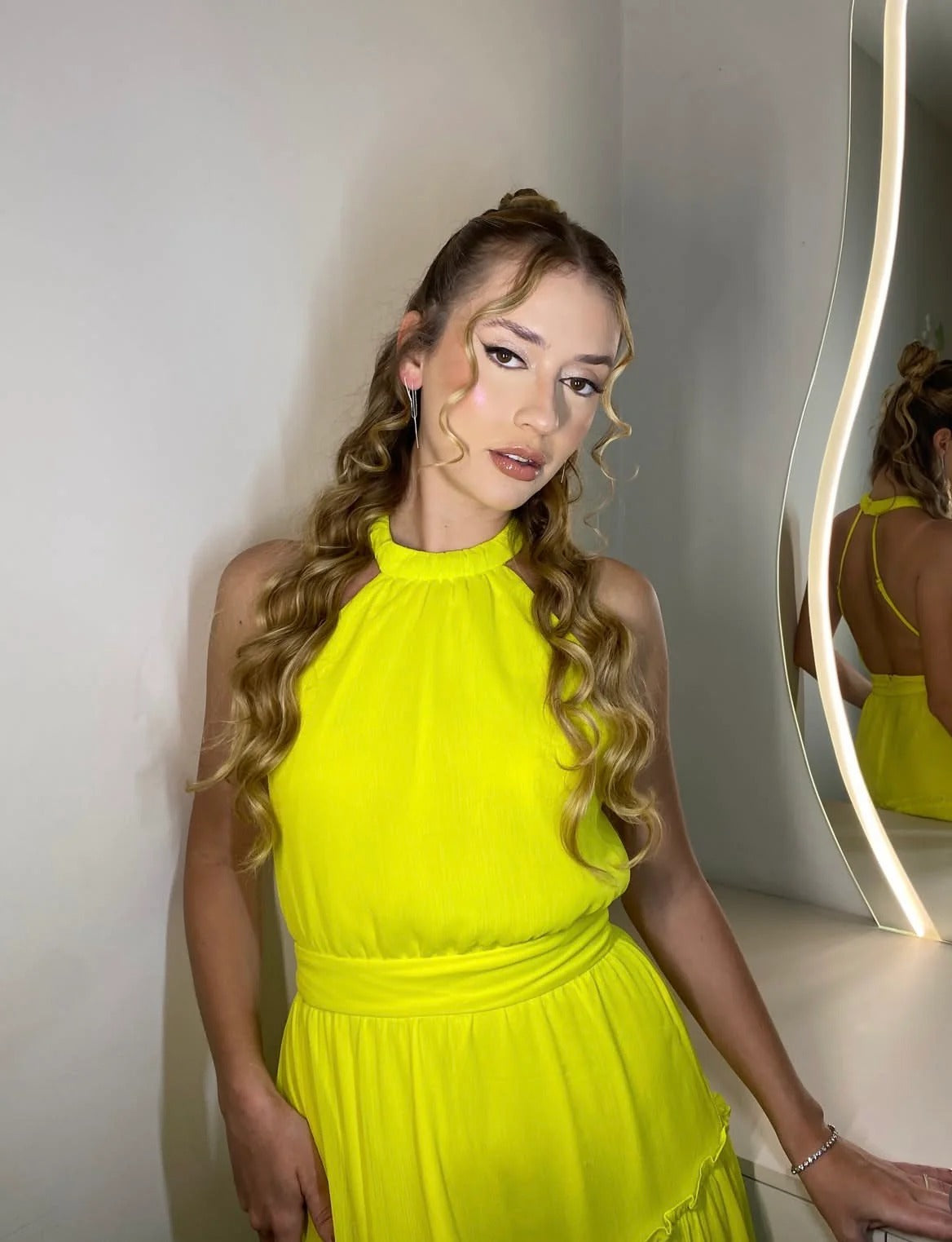 Bright Yellow Halter Tiered Maxi Prom Dress Chiffon Formal Prom Dress