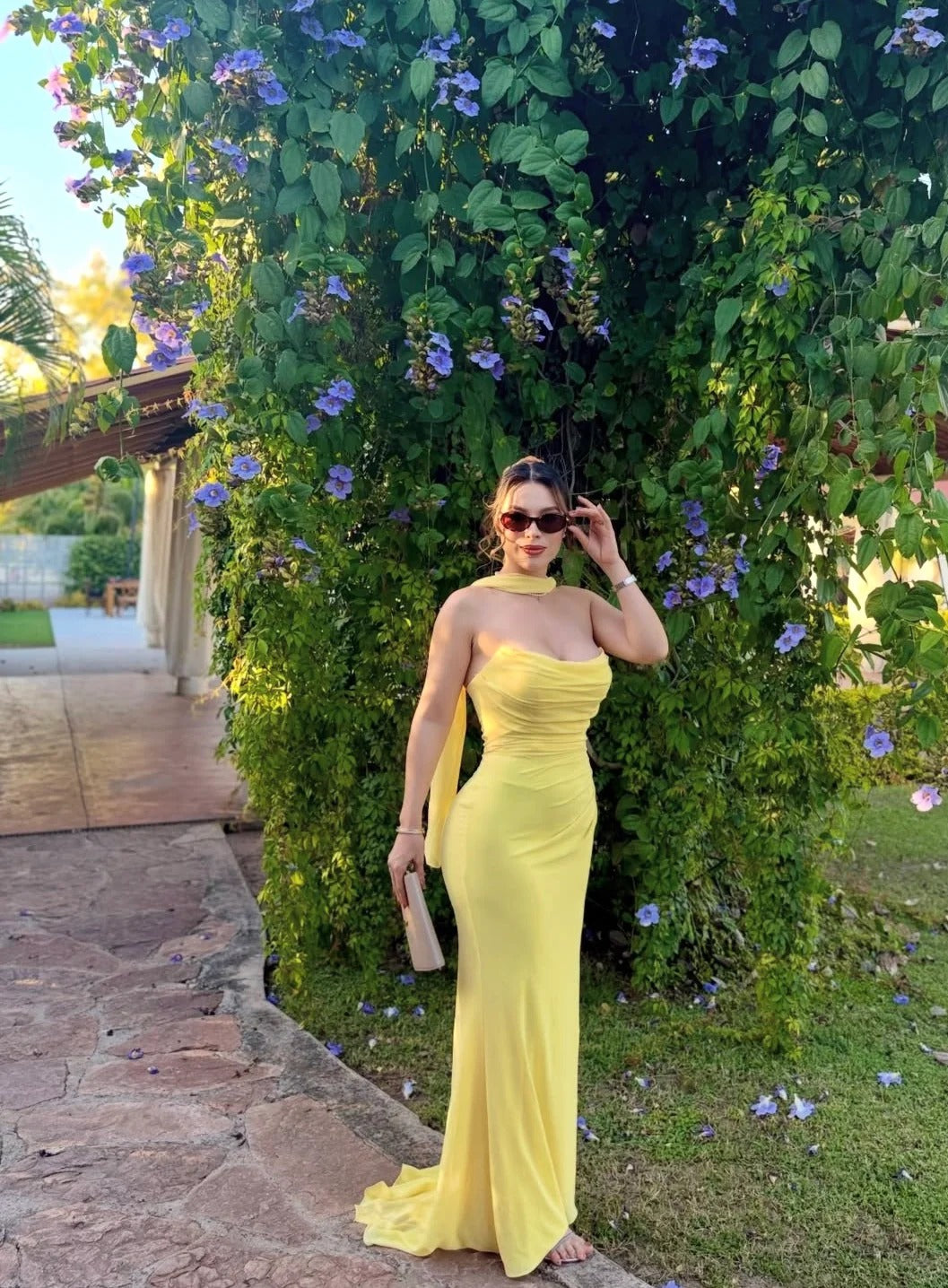 Bright Yellow Strapless Mermaid Prom Dress With Choker Tie Back Formal Prom Dress