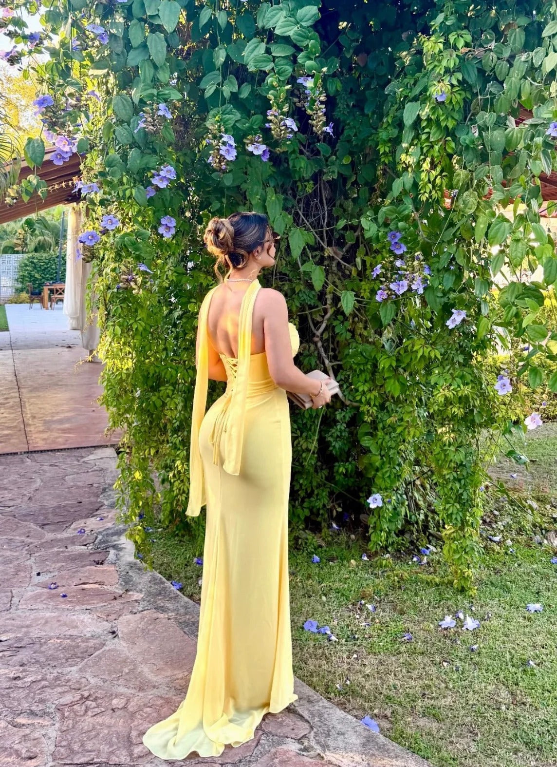 Bright Yellow Strapless Mermaid Prom Dress With Choker Tie Back Formal Prom Dress