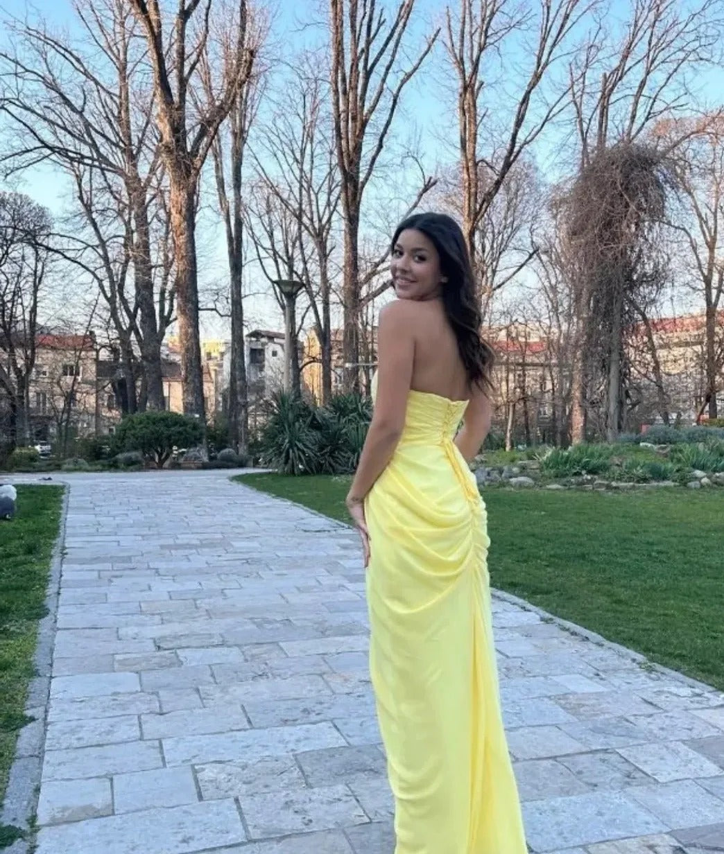 Bright Yellow Strapless Prom Dress With Slit Chiffon Skirt Formal Prom Dress