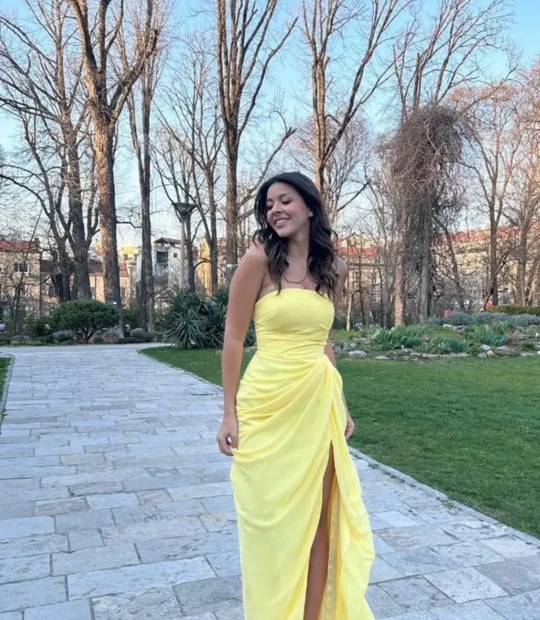 Bright Yellow Strapless Prom Dress With Slit Chiffon Skirt Formal Prom Dress