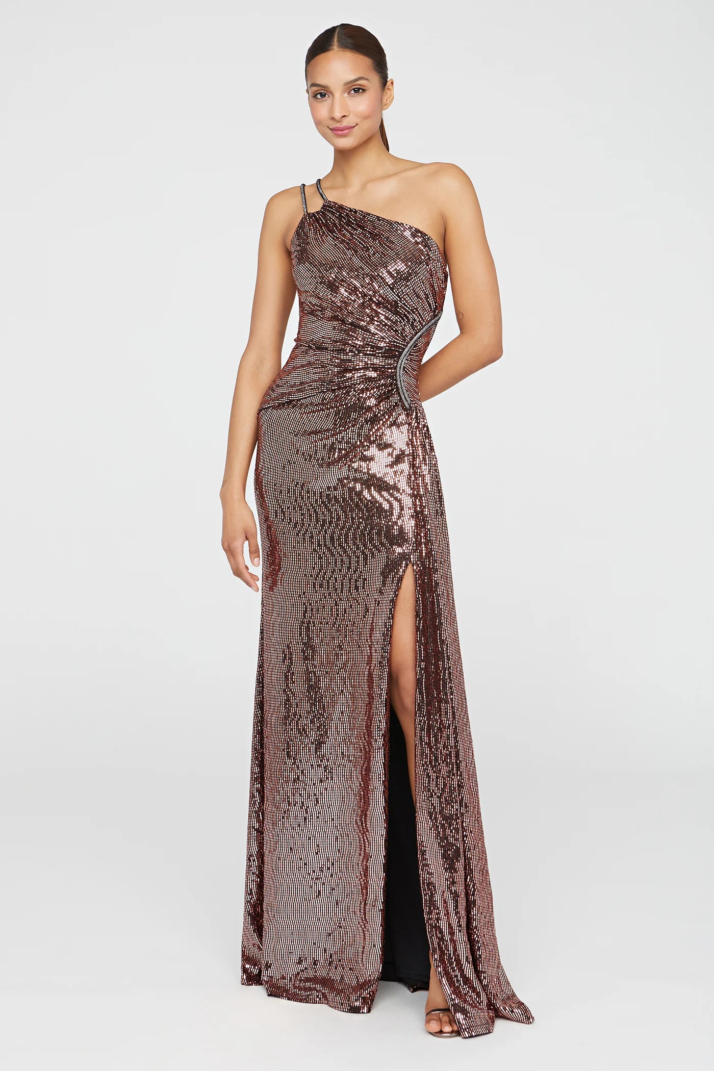 Bronze Sequin Sheath One Shoulder Beaded Strap Ruched Waist High Slit Floor Length Formal Evening Prom Dress