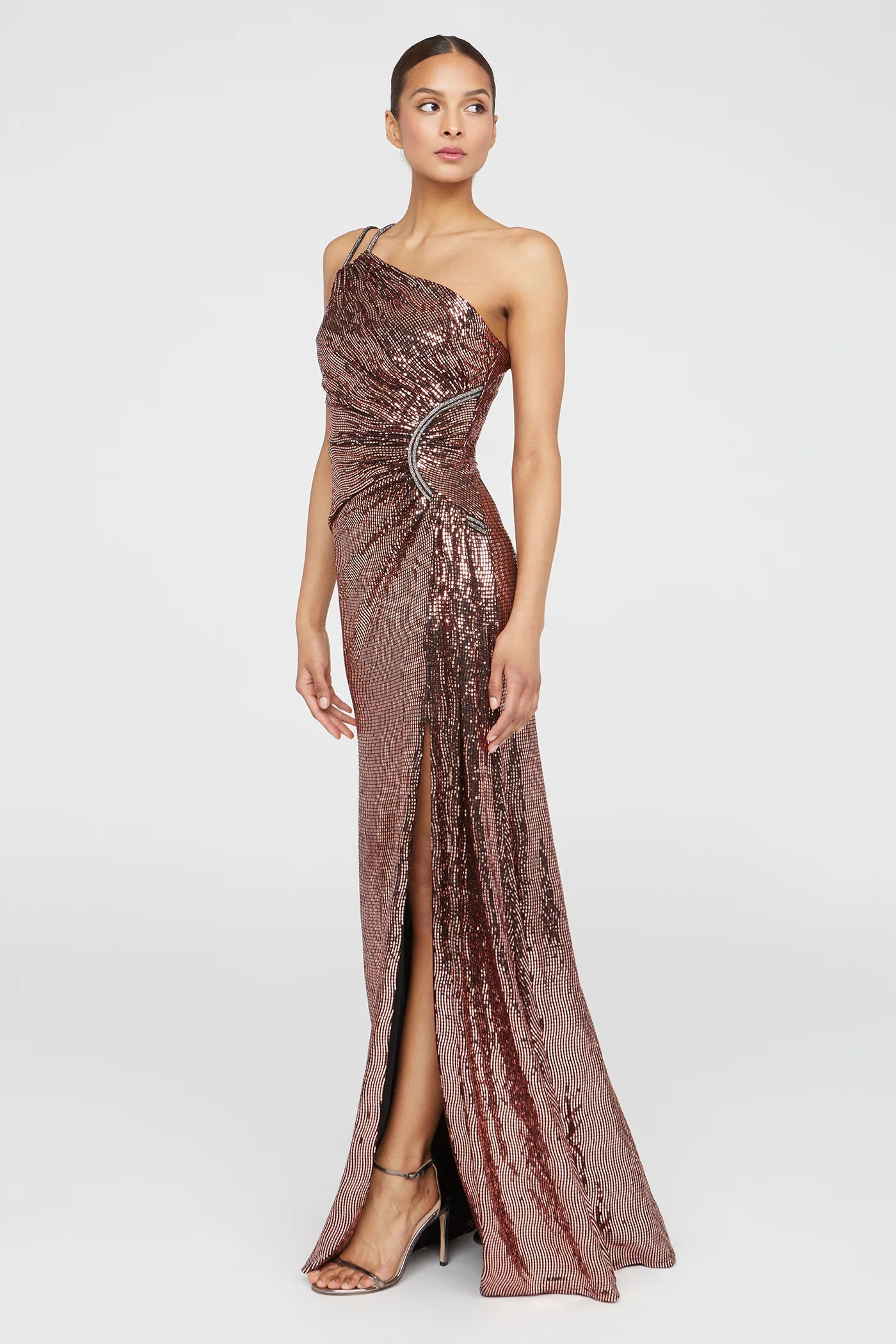 Bronze Sequin Sheath One Shoulder Beaded Strap Ruched Waist High Slit Floor Length Formal Evening Prom Dress