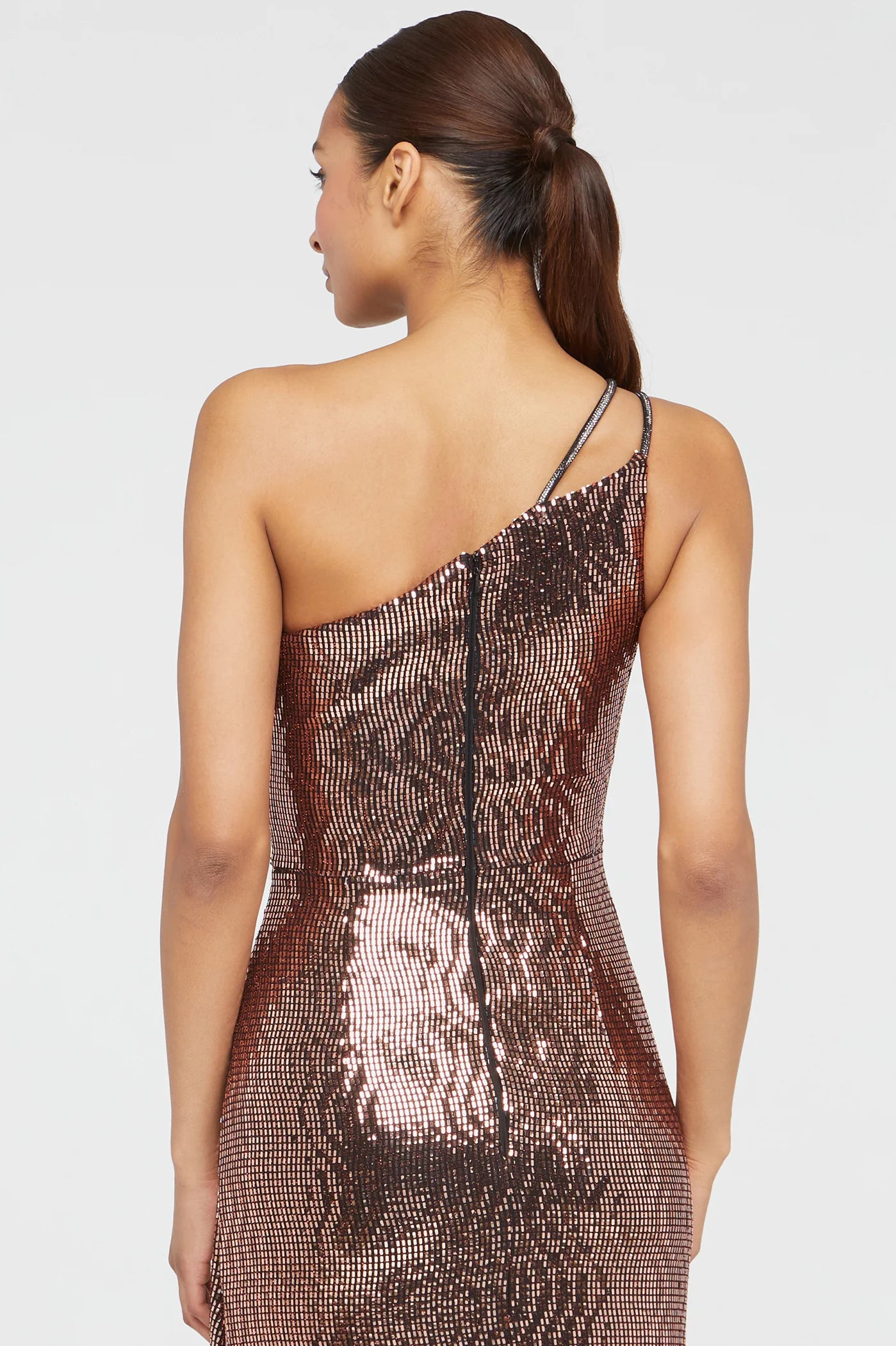 Bronze Sequin Sheath One Shoulder Beaded Strap Ruched Waist High Slit Floor Length Formal Evening Prom Dress