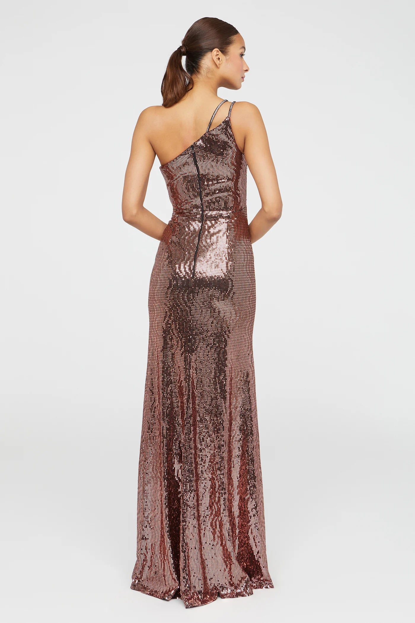 Bronze Sequin Sheath One Shoulder Beaded Strap Ruched Waist High Slit Floor Length Formal Evening Prom Dress