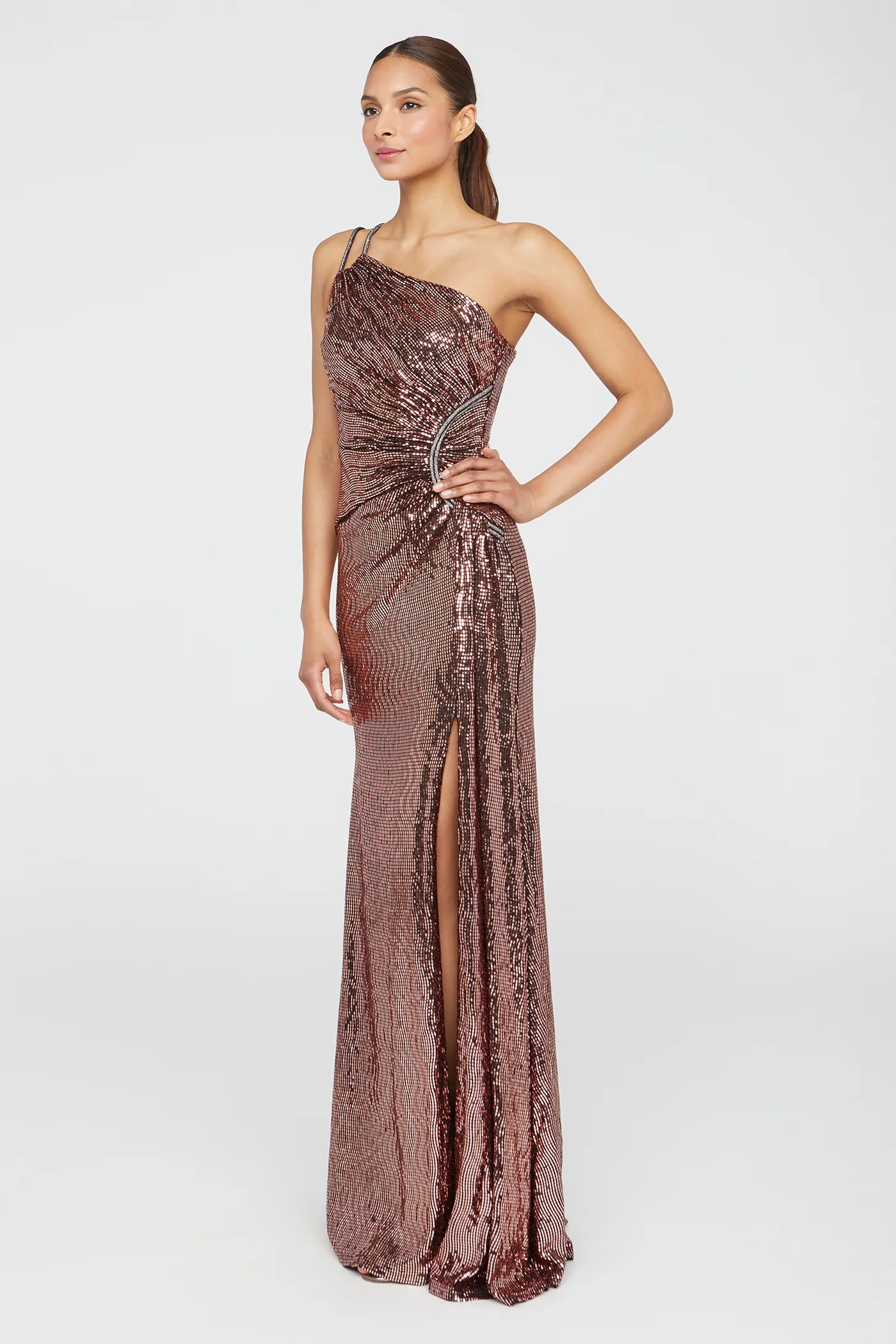 Bronze Sequin Sheath One Shoulder Beaded Strap Ruched Waist High Slit Floor Length Formal Evening Prom Dress